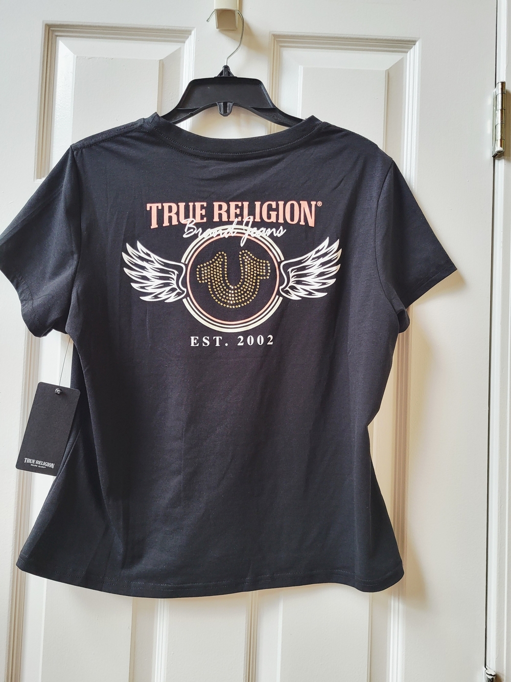 True Religion Horseshoe Rhinestone Wing Crewneck T-shirt Jet Black size XL NWT